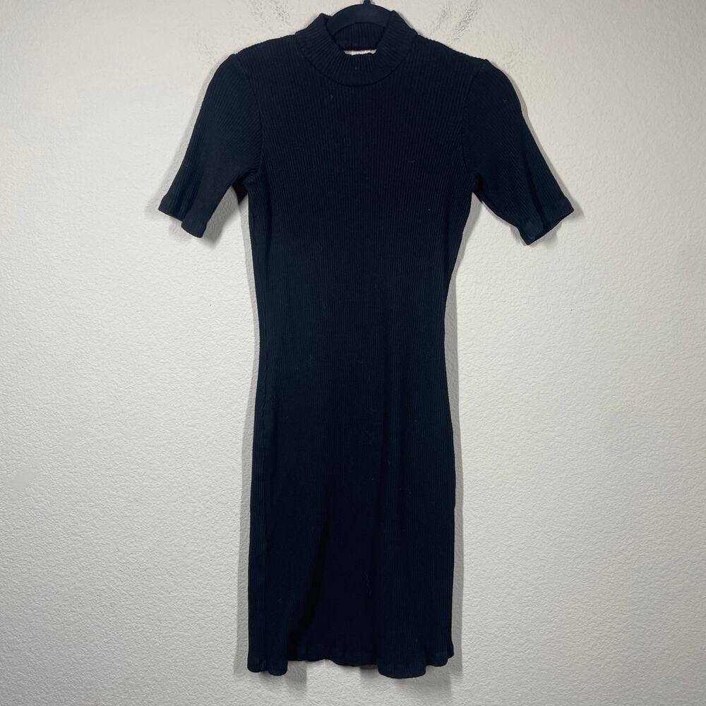 Monrow Medium Mock Neck Cut Out Back Sweater Dress Black Rib 3/4 Sleeves